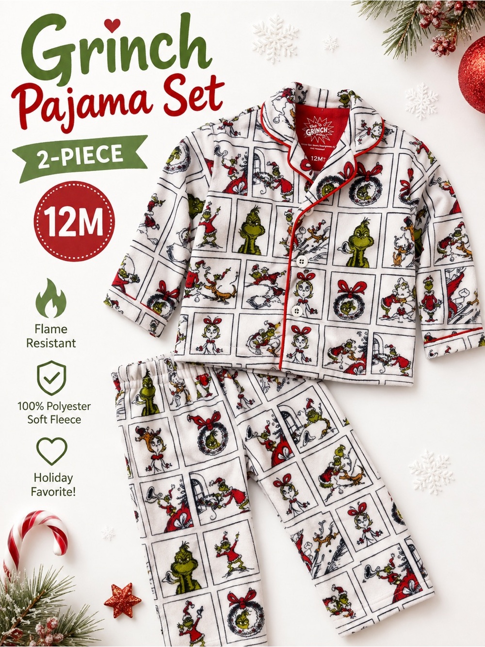 The Grinch Dr Seuss Toddler Pajama Set 12M Christmas Holiday Fleece